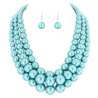 Women's 3 Colorful Multi Strands Simulated Pearl Necklace And Earrings Jewelry Gift Set, 18"+3" Extender