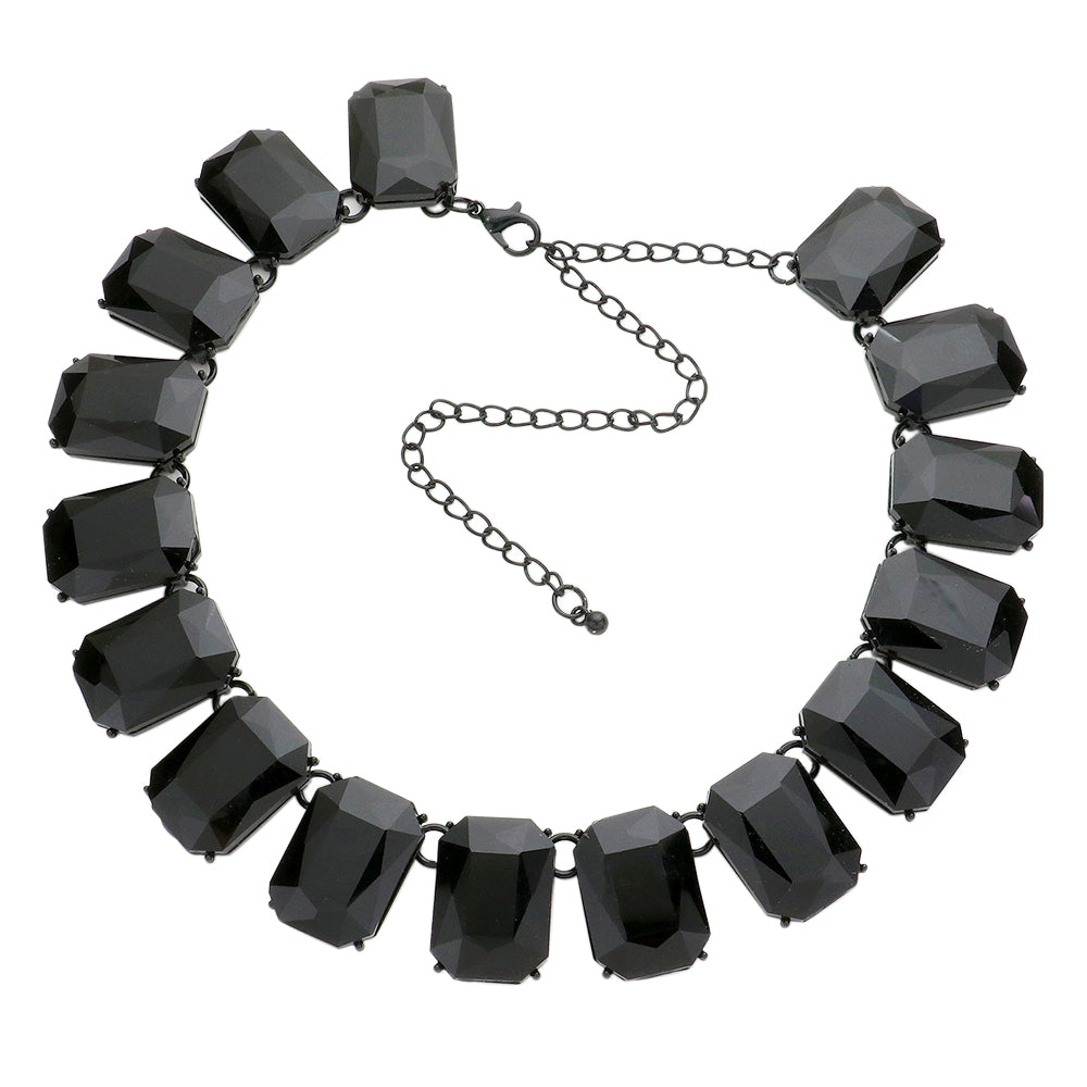 Stunning And Colorful Emerald Cut Crystal Rhinestone Statement Necklace Earrings Bridal Gift Set, 16.5"+3" Extender (Jet Black Crystal Hematite Tone)