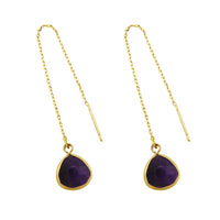 Women's Natural Crystal Stone Dangle Drop Threader Earrings Gold Tone, 3.5" (Amethyst Purple)