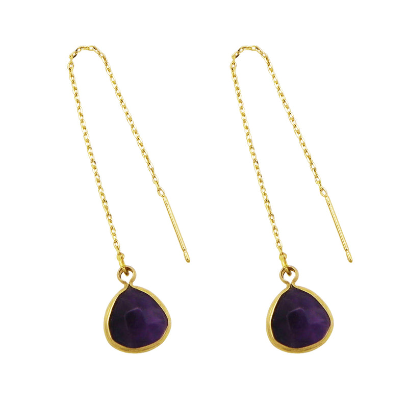 Women's Natural Crystal Stone Dangle Drop Threader Earrings Gold Tone, 3.5" (Amethyst Purple)