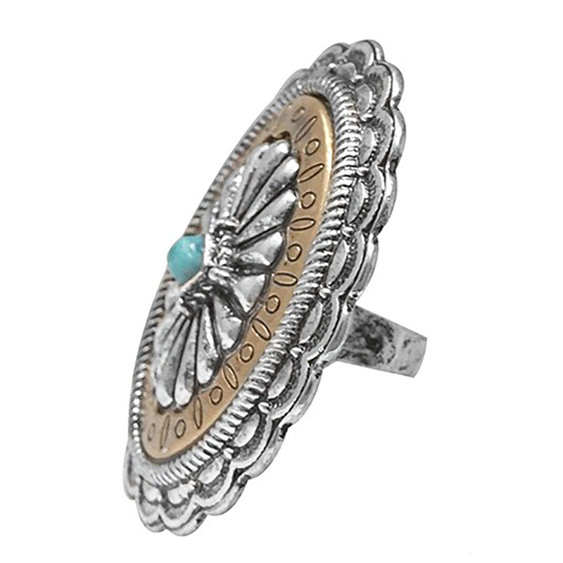 Western Style Two Tone Statement Concho With Natural Turquoise Howlite Stone Adjustable Ring, 2"