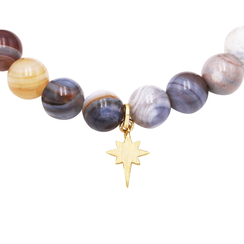 Holistic Healing Natural Semi Precious Beaded Stone Stretch Bracelet with 18 Karat Gold Plated Charm (Botswana Agate with Star Charm)