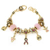 Women's Pink Ribbon Breast Cancer Awareness Glass Bead Charm Bracelet, 7"-7.75" with Extender (Cross, Angel, Hope Gold Tone)