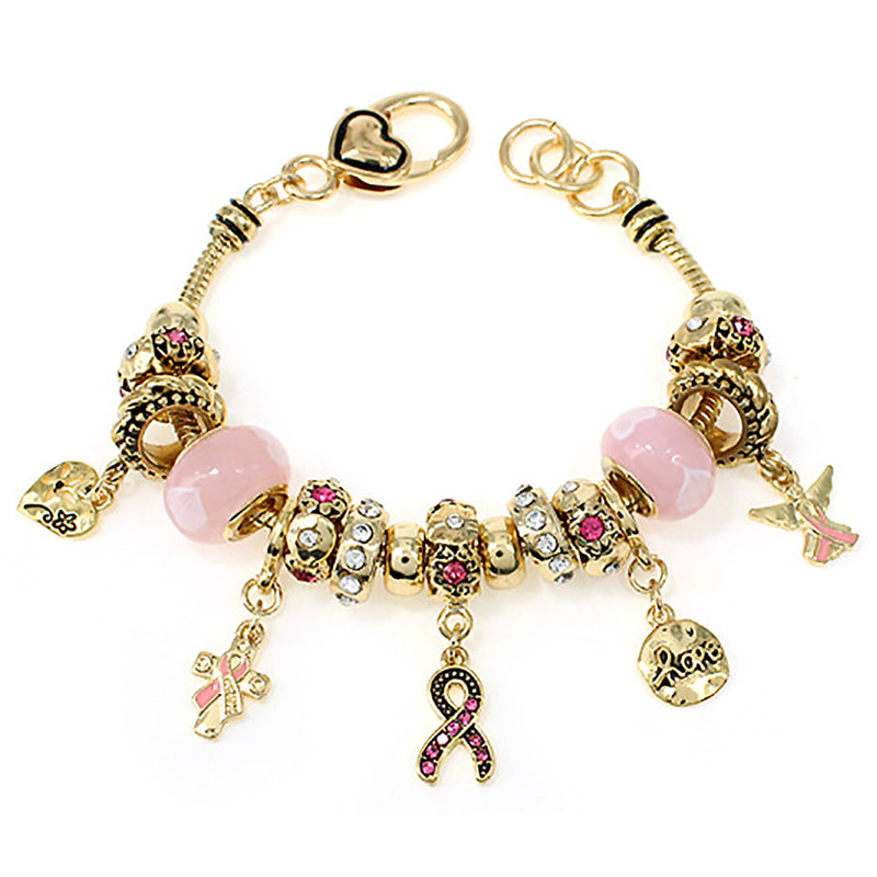 Women's Pink Ribbon Breast Cancer Awareness Glass Bead Charm Bracelet, 7"-7.75" with Extender (Cross, Angel, Hope Gold Tone)