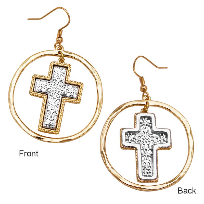 Women's Stunning Two Tone Filigree Metal Cross Inside Textured Hoop Dangle Earrings, 2.25"