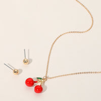 Red Cherry Pendant Necklace and Gold Ball Stud Earrings Set, Gold Tone Chain, 16.25" - 18.75" Length