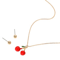 Red Cherry Pendant Necklace and Gold Ball Stud Earrings Set, Gold Tone Chain, 16.25" - 18.75" Length