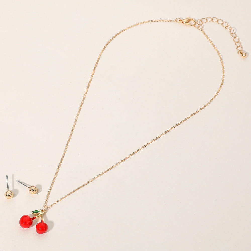 Red Cherry Pendant Necklace and Gold Ball Stud Earrings Set, Gold Tone Chain, 16.25" - 18.75" Length
