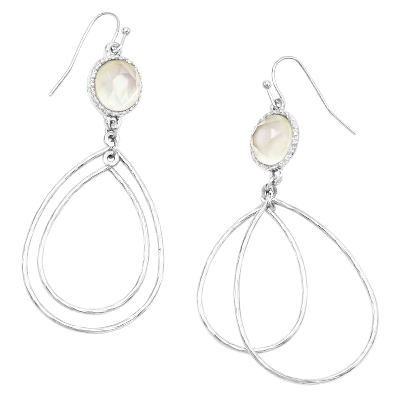 Stunning Silver Tone Teardrop Double Hoop With Mother Of Pearl Dangle Earrings, 2.75"