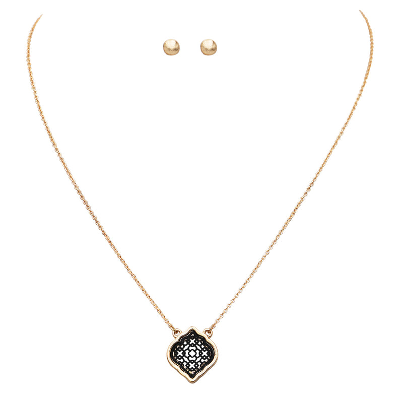 Chic Two Tone Metal Moroccan Filigree Pendant Necklace And Ball Stud Earrings Jewelry Set, 16"+3" Extender (Gold Tone With Hematite)