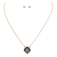 Chic Two Tone Metal Moroccan Filigree Pendant Necklace And Ball Stud Earrings Jewelry Set, 16"+3" Extender (Gold Tone With Hematite)