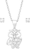 Made In Italy Dainty Sterling Silver Cable Chain With Adjustable Slide And Hootiful Crystal Rhinestone Wise Owl Necklace Pendant And Earrings Gift Set, 22"