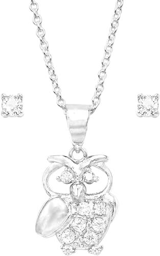 Made In Italy Dainty Sterling Silver Cable Chain With Adjustable Slide And Hootiful Crystal Rhinestone Wise Owl Necklace Pendant And Earrings Gift Set, 22"