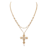 Women's Stunning Gold Tone Christian Cross With Simulated Pearls Double Strand Chain Necklace Easter Gift,16"+3" Extension
