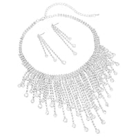 Women's Stunning Round Drop Crystal Fringe Choker Necklace Hypoallergenic Earrings Bridal Set, 14"+4" Extender