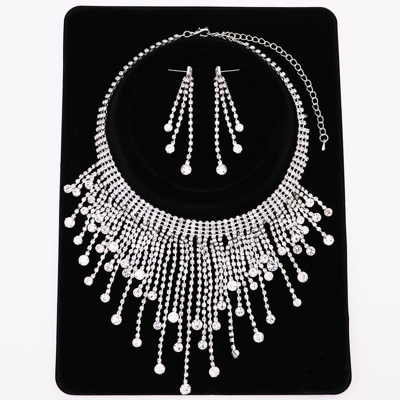Women's Stunning Round Drop Crystal Fringe Choker Necklace Hypoallergenic Earrings Bridal Set, 14"+4" Extender
