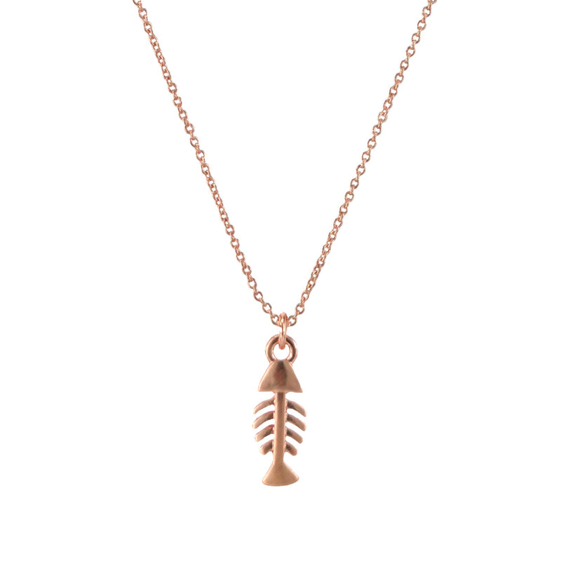 Women's Whimsical Matte Copper Tone Fish Bone Skeleton Pendant Necklace, 16"-18" with 2" Extender