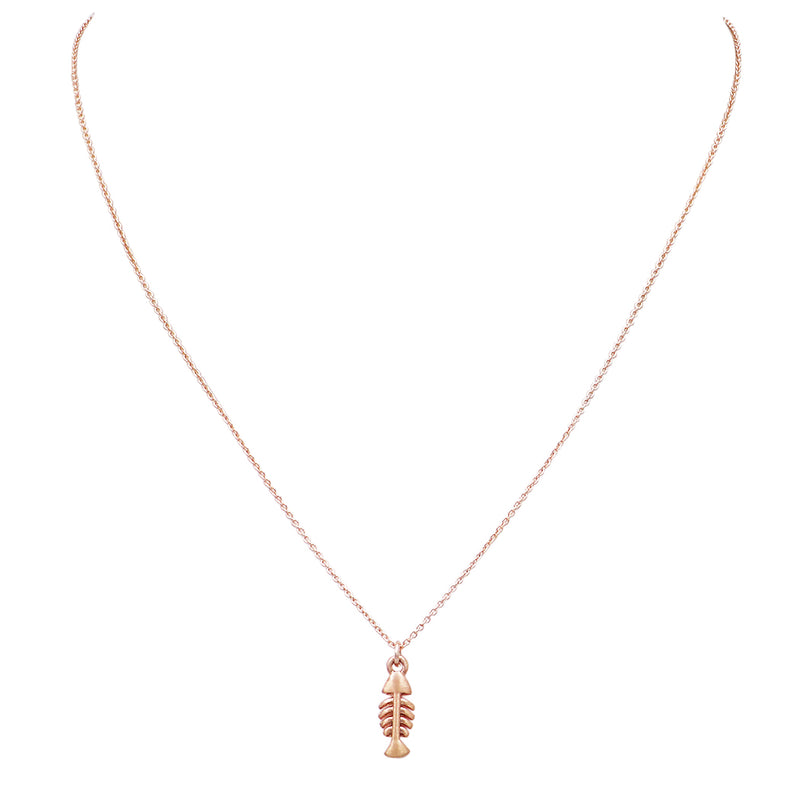 Women's Whimsical Matte Copper Tone Fish Bone Skeleton Pendant Necklace, 16"-18" with 2" Extender