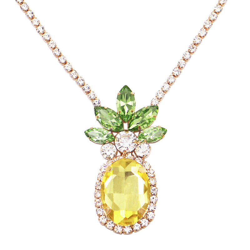 Fun And Fruity Statement Yellow And Green Crystal Rhinestone Pineapple Pendant Necklace, 16"+3" Extender