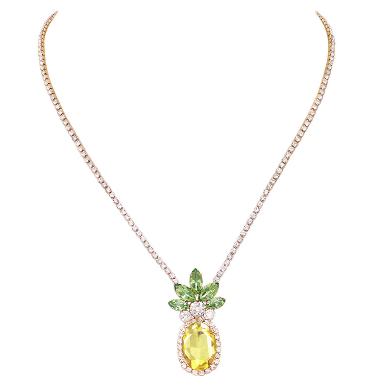 Fun And Fruity Statement Yellow And Green Crystal Rhinestone Pineapple Pendant Necklace, 16"+3" Extender