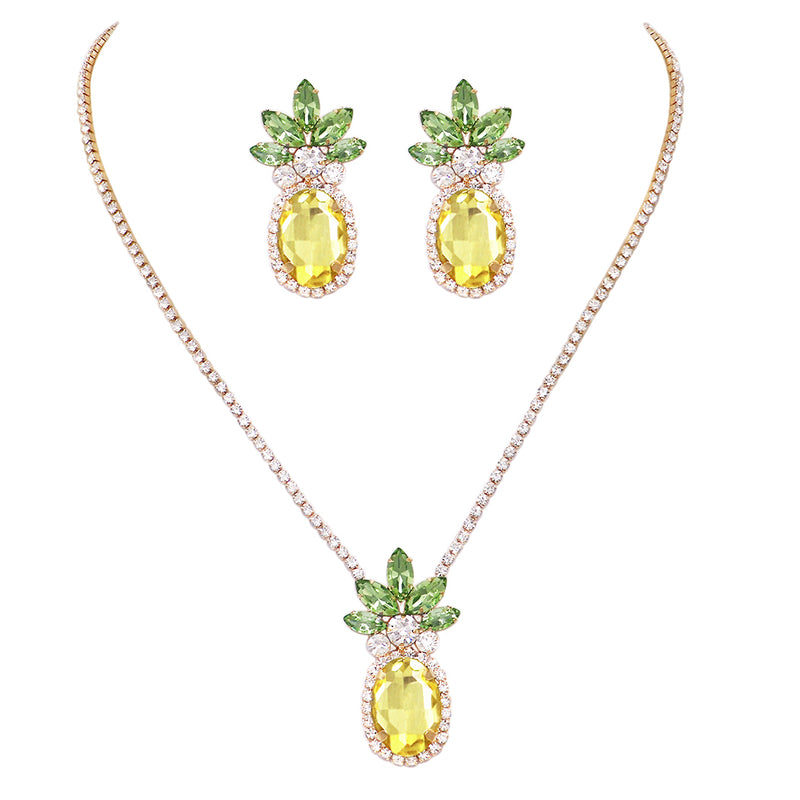 Fun And Fruity Statement Yellow And Green Crystal Rhinestone Pineapple Pendant Necklace, 16"+3" Extender