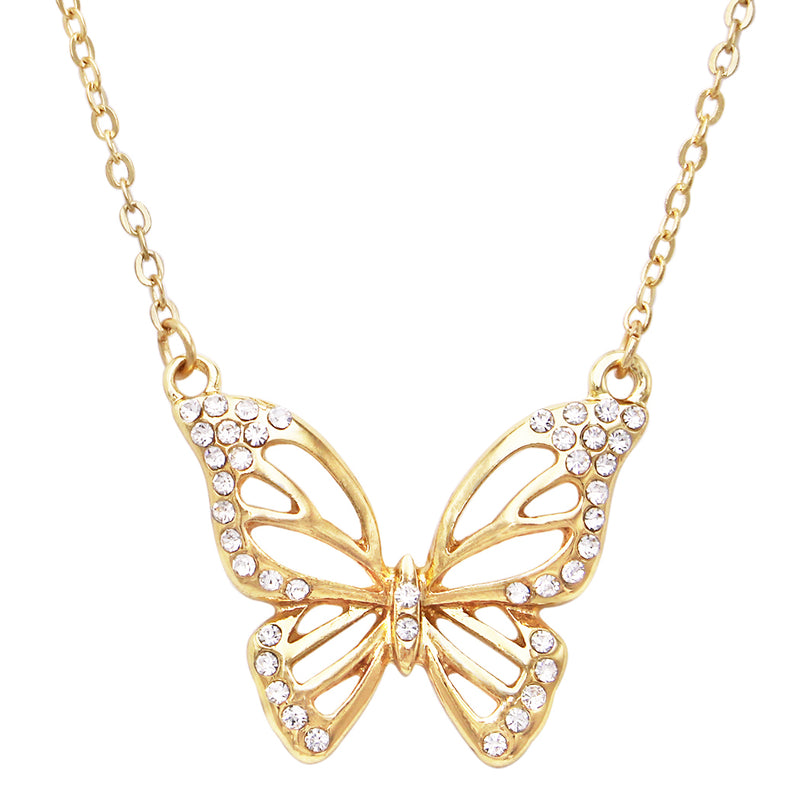 Whimsical Polished Gold Tone Crystal Butterfly Cutout Pendant Necklace, 16"+3" Extender