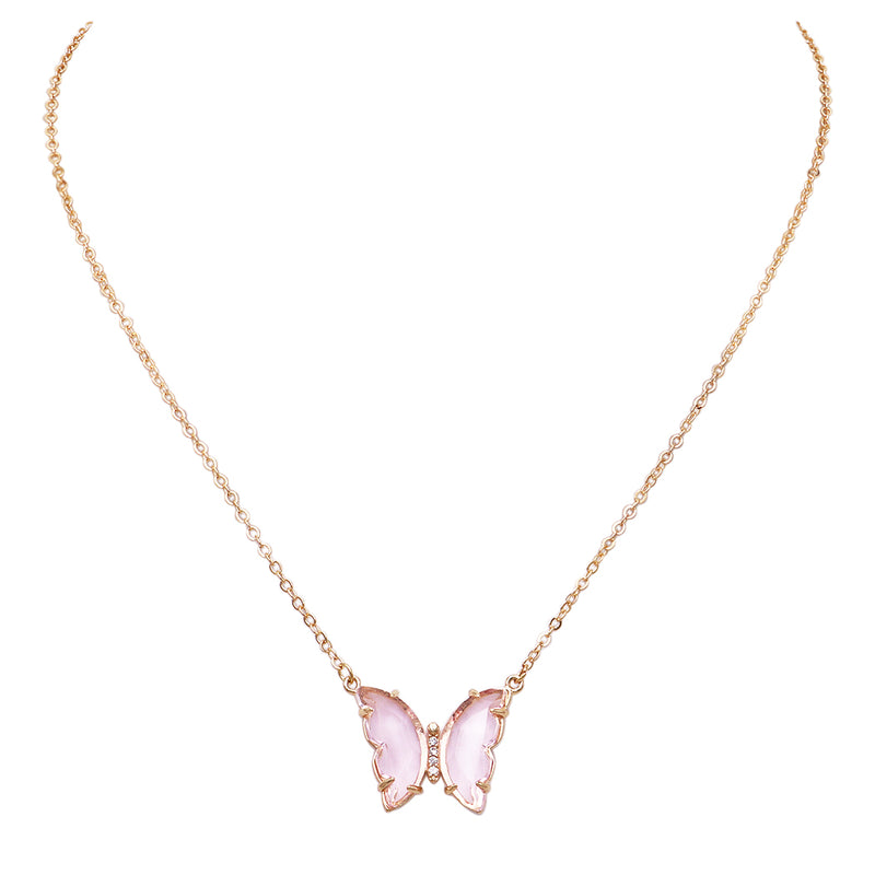 Whimsical Pink Glass Crystal Butterfly Necklace, 15"-18" with 3" Extender