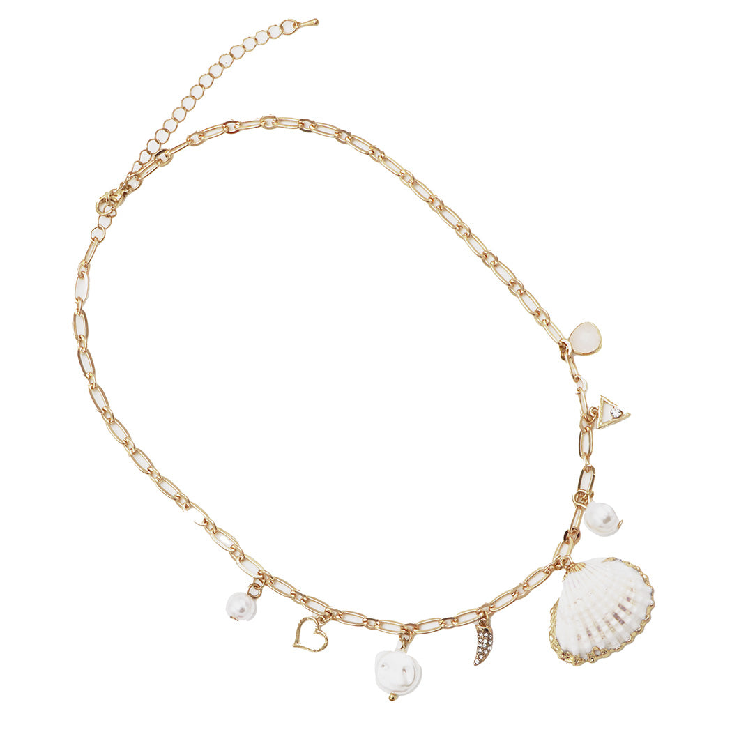 Gold Tone Seashell Charm Necklace with Faux Pearls, 16 Inch With 3 Inch Extender