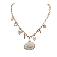 Gold Tone Seashell Charm Necklace with Faux Pearls, 16 Inch With 3 Inch Extender