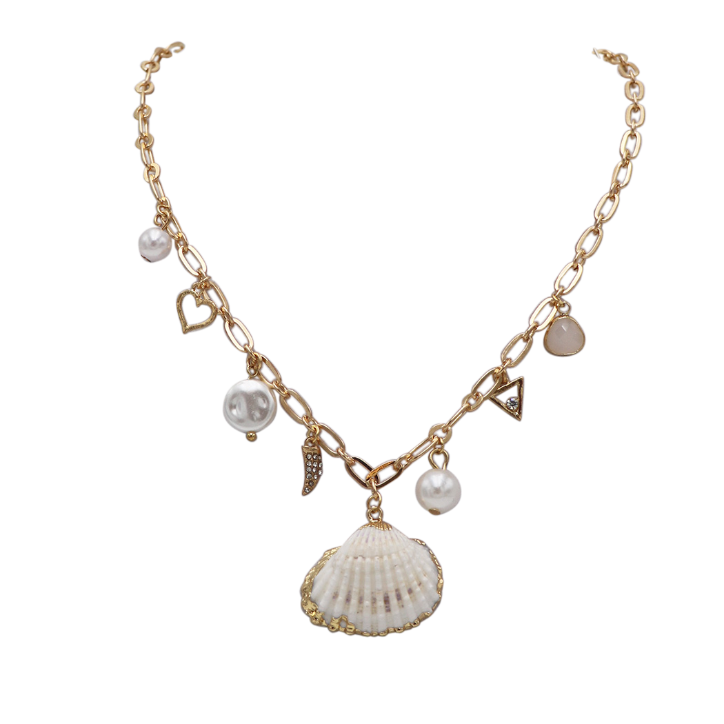 Gold Tone Seashell Charm Necklace with Faux Pearls, 16 Inch With 3 Inch Extender