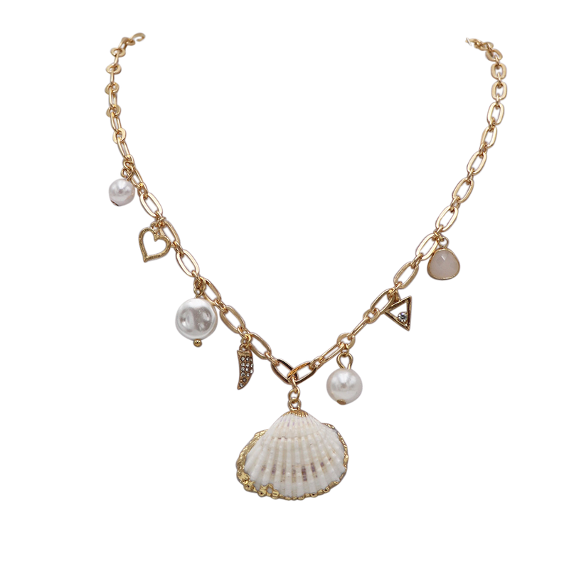 Gold Tone Seashell Charm Necklace with Faux Pearls, 16 Inch With 3 Inch Extender