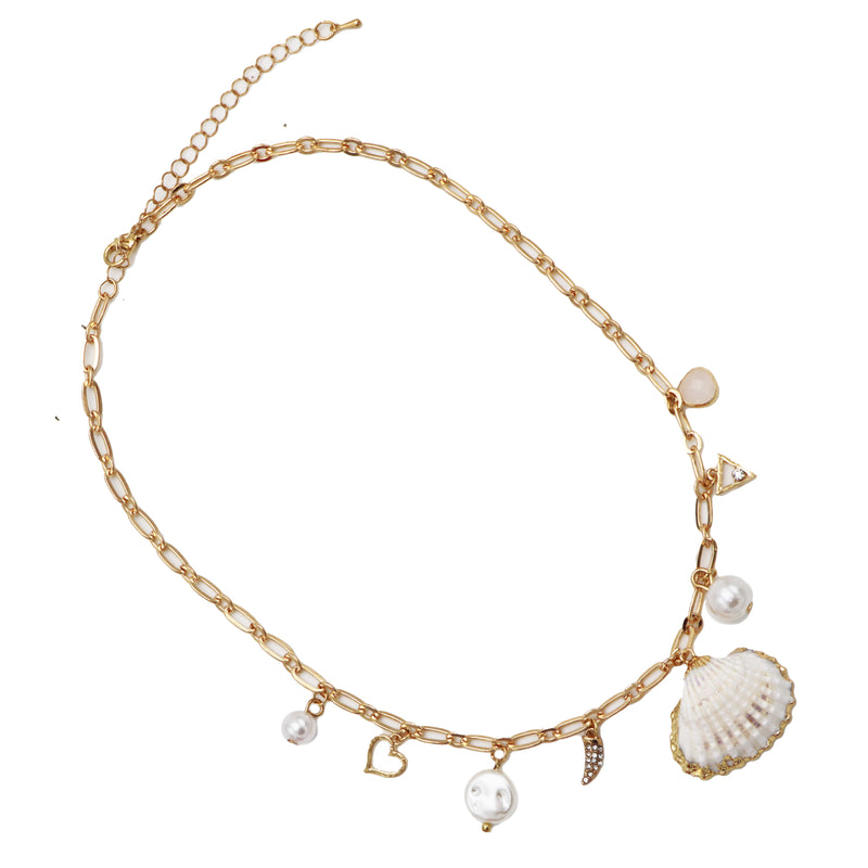Gold Tone Seashell Charm Necklace with Faux Pearls, 16 Inch With 3 Inch Extender