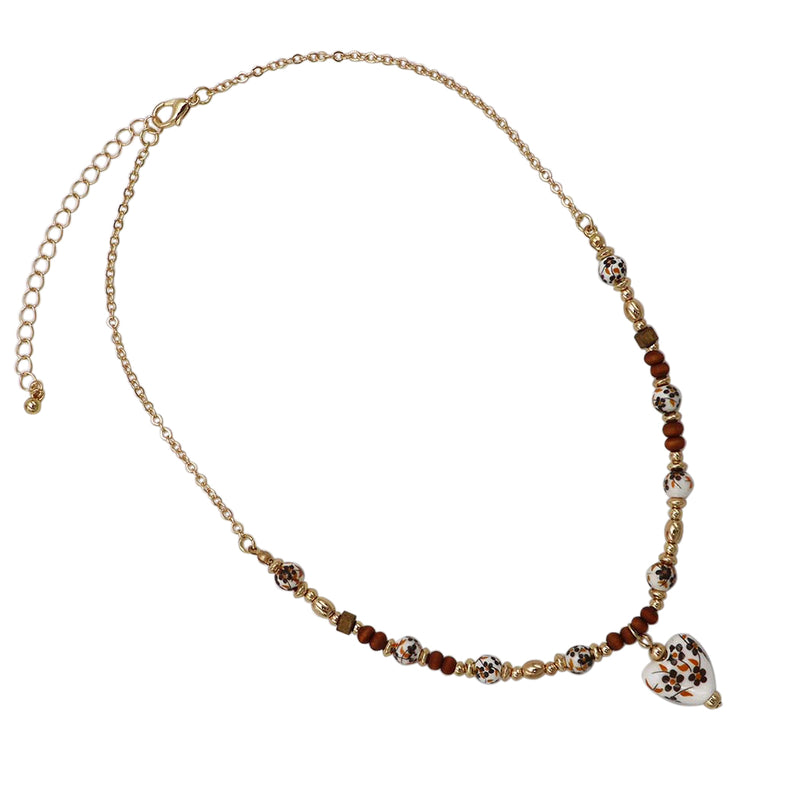 Floral Ceramic And Wood Beaded Heart Pendant Necklace, 16-19 inches