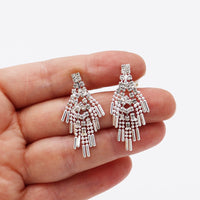 Stunning Art Deco Crystal Fringe And Silver Tone Bead Clip On Style Earrings, 1.5"