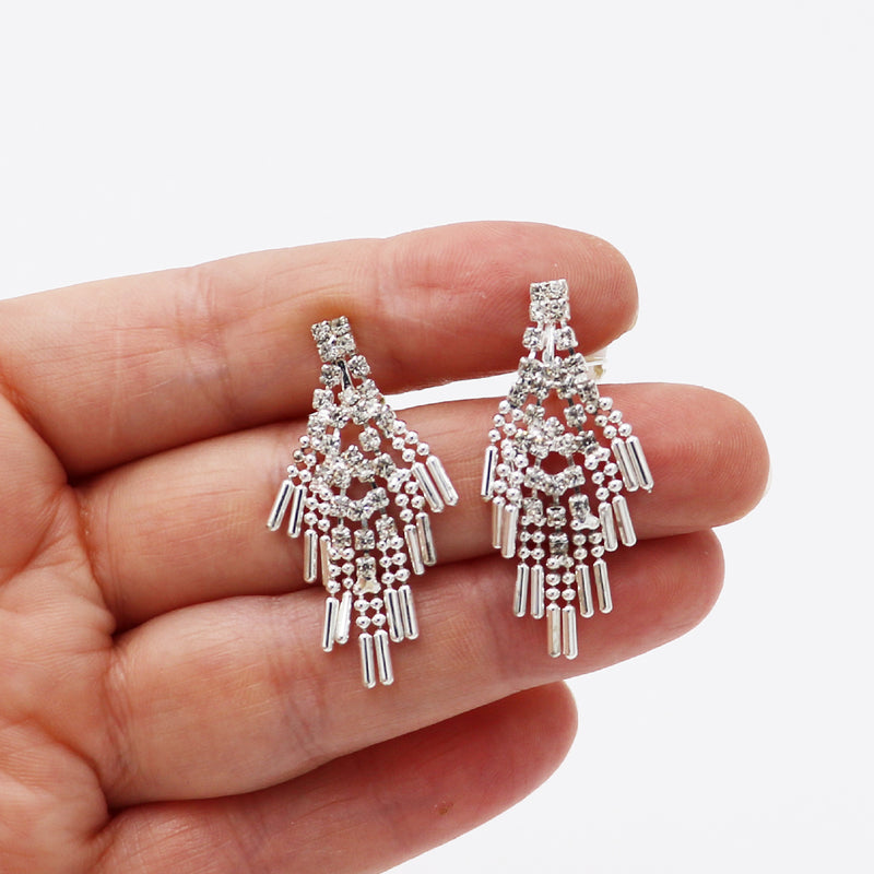 Stunning Art Deco Crystal Fringe And Silver Tone Bead Clip On Style Earrings, 1.5"