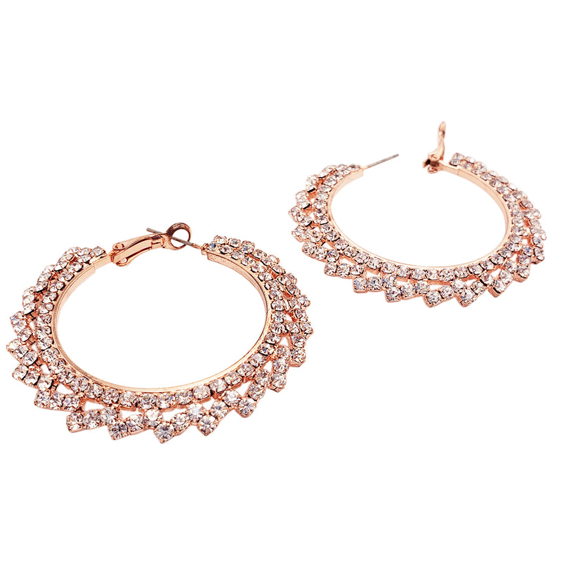 Elegant Rose Gold With Crystal Rhinestones Statement Lever Back Hoop Earrings, 2"