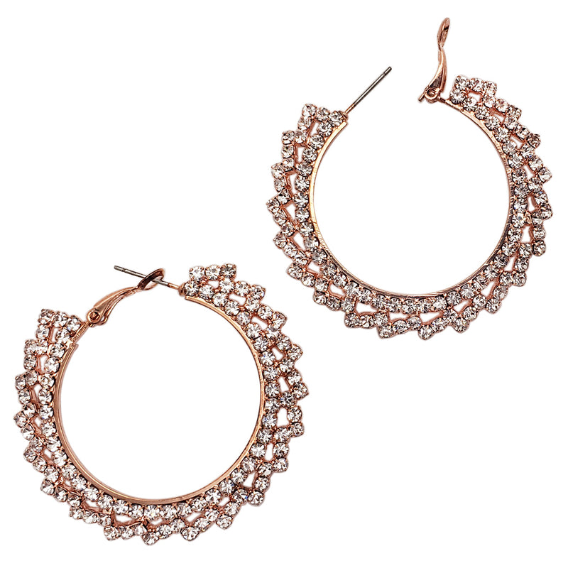 Elegant Rose Gold With Crystal Rhinestones Statement Lever Back Hoop Earrings, 2"