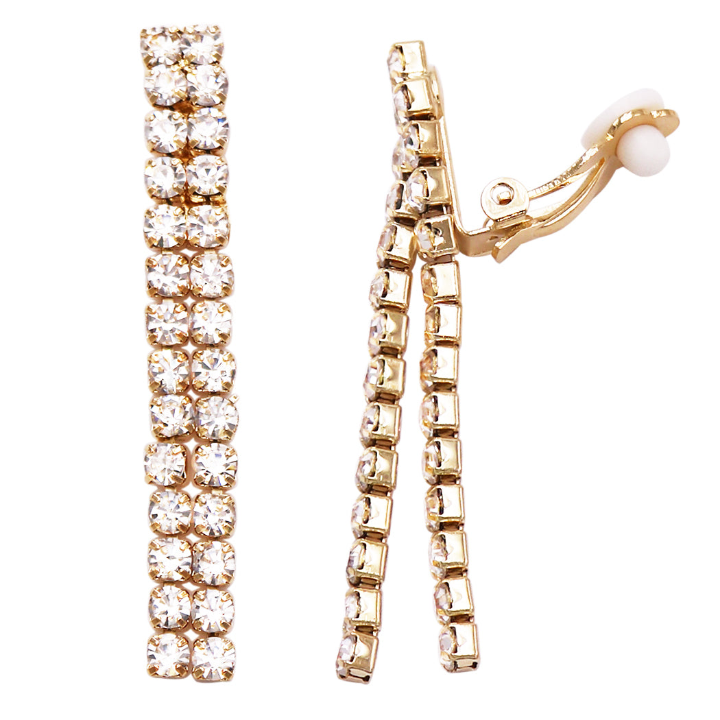 Women's Crystal Rhinestone Fringe Dangle Clip On Drop Earrings, 2"
