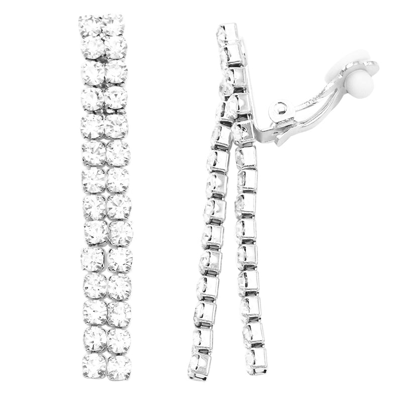 Women's Crystal Rhinestone Fringe Dangle Clip On Drop Earrings, 2"