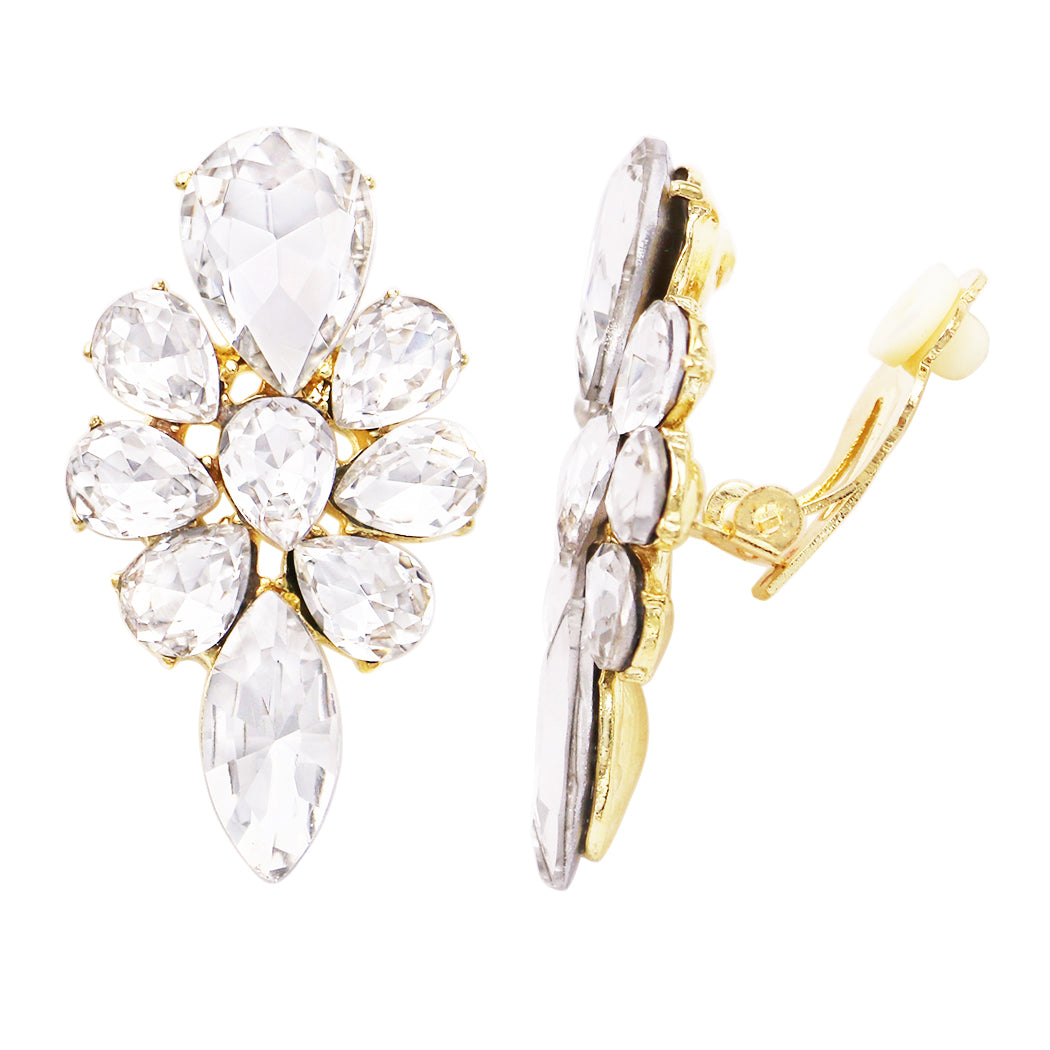 Stunning Statement Pear and Marquise Crystal Cluster Clip on Earrings, 1.62" Gold Tone