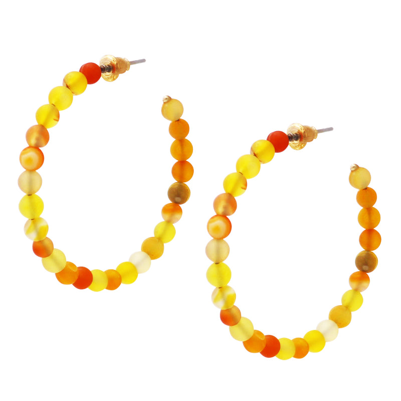 Colorful Natural Stone Bead Side Silhouette Hoops With Hypoallergenic Post Back Earrings, 45mm (Sunshine Yellow Topaz)