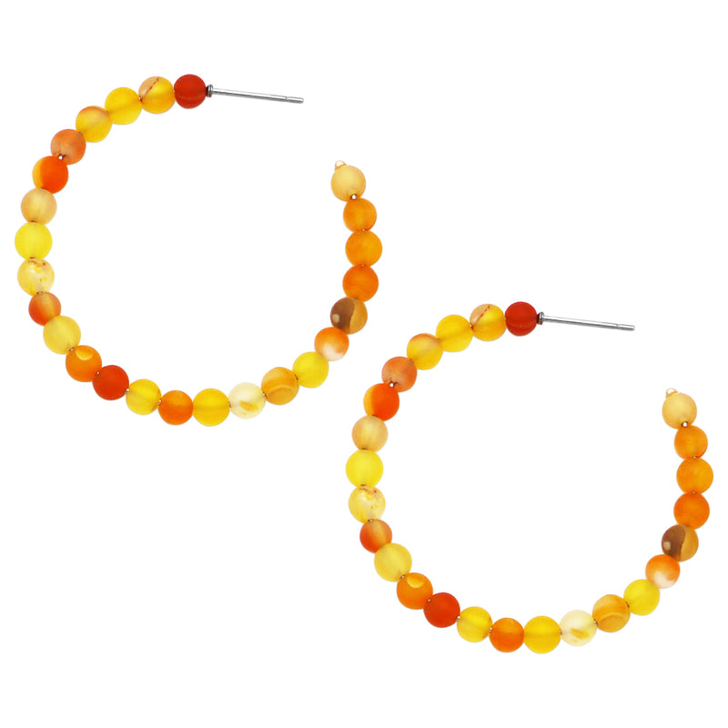 Colorful Natural Stone Bead Side Silhouette Hoops With Hypoallergenic Post Back Earrings, 45mm (Sunshine Yellow Topaz)