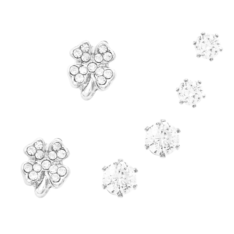 Timeless Classic Set of 3 Studs With Premium Cubic Zirconia Crystals Solitaire And Fun Shape Post Back Hypoallergenic Earrings