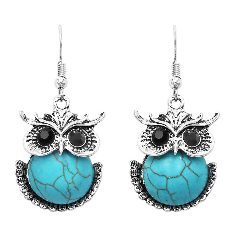 Women's Western Style Semi Precious Turquoise Howlite Stone Hootiful Wise Owl Dangle Earrings, 1.75"