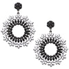 Statement Black And White Crystal Flower Embellished Forward Facing Hypoallergenic Post Back Hoop Earrings, 3.5"