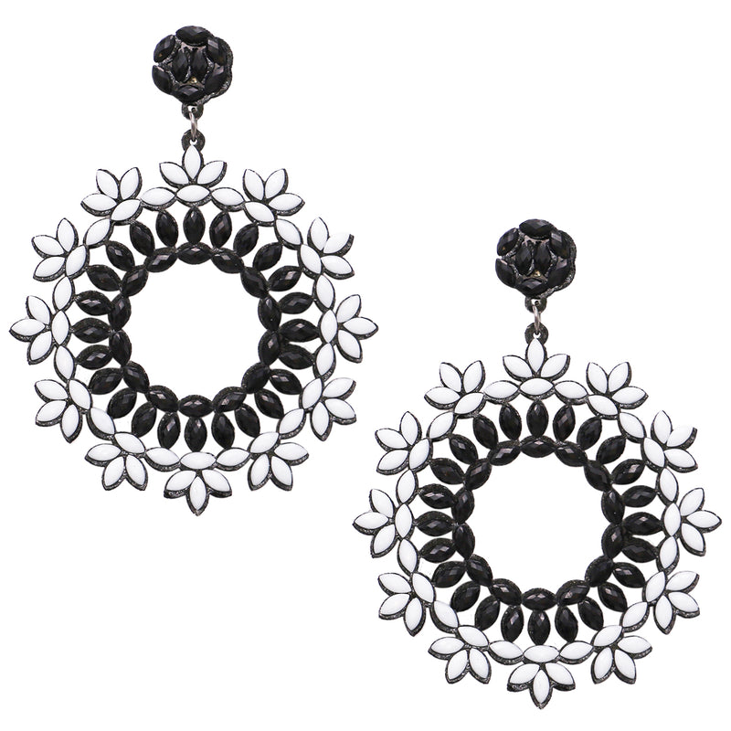 Statement Black And White Crystal Flower Embellished Forward Facing Hypoallergenic Post Back Hoop Earrings, 3.5"