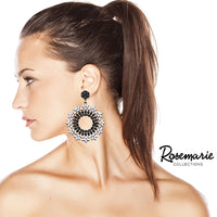 Statement Black And White Crystal Flower Embellished Forward Facing Hypoallergenic Post Back Hoop Earrings, 3.5"