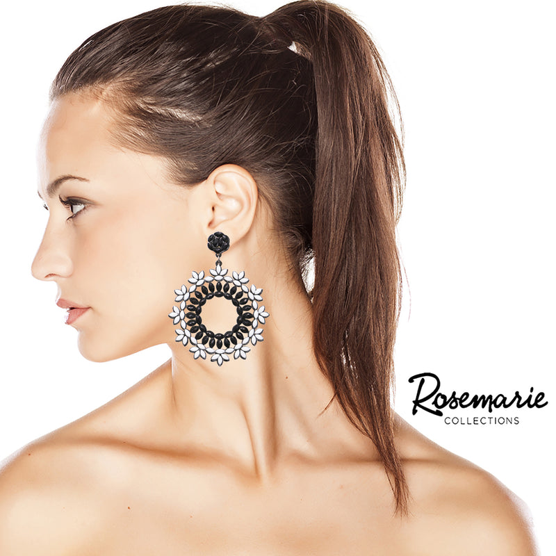 Statement Black And White Crystal Flower Embellished Forward Facing Hypoallergenic Post Back Hoop Earrings, 3.5"