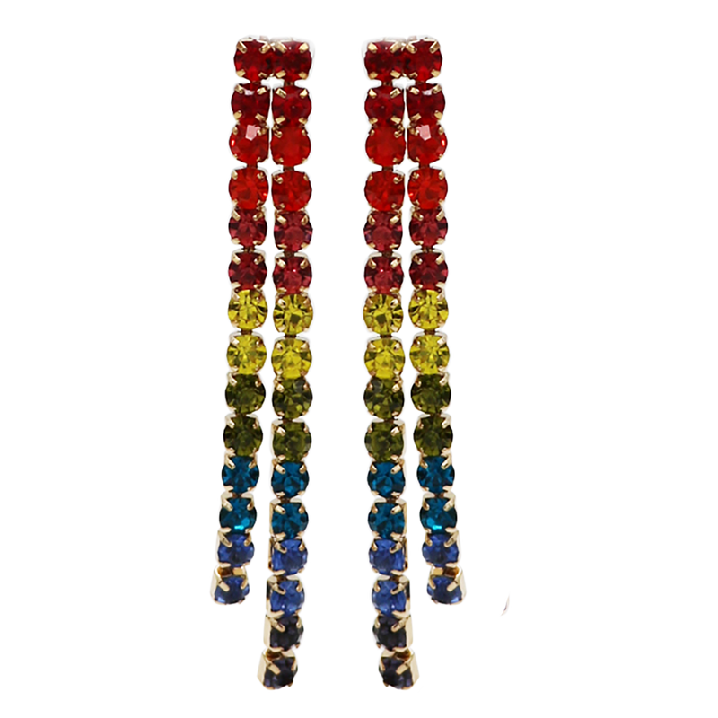 Sparkling Rainbow Crystal Rhinestone Strand Shoulder Duster Hypoallergenic Statement Earrings (6mm Double Strand, 4")
