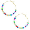 Vibrant Rainbow syntheticRubber Rings With Gold Tone Beads Statement Hypoallergenic Lever Back Hoop Earrings, 50mm